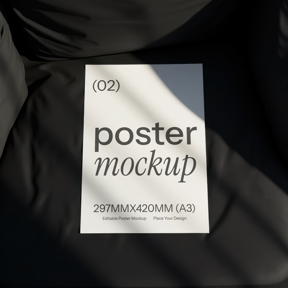 A poster mockup on a chair with a black background psd