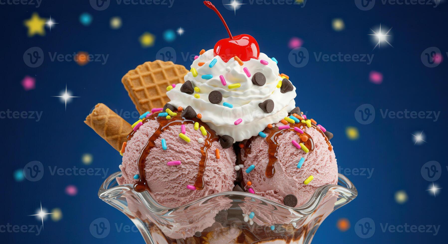 A glass bowl with ice cream and toppings photo