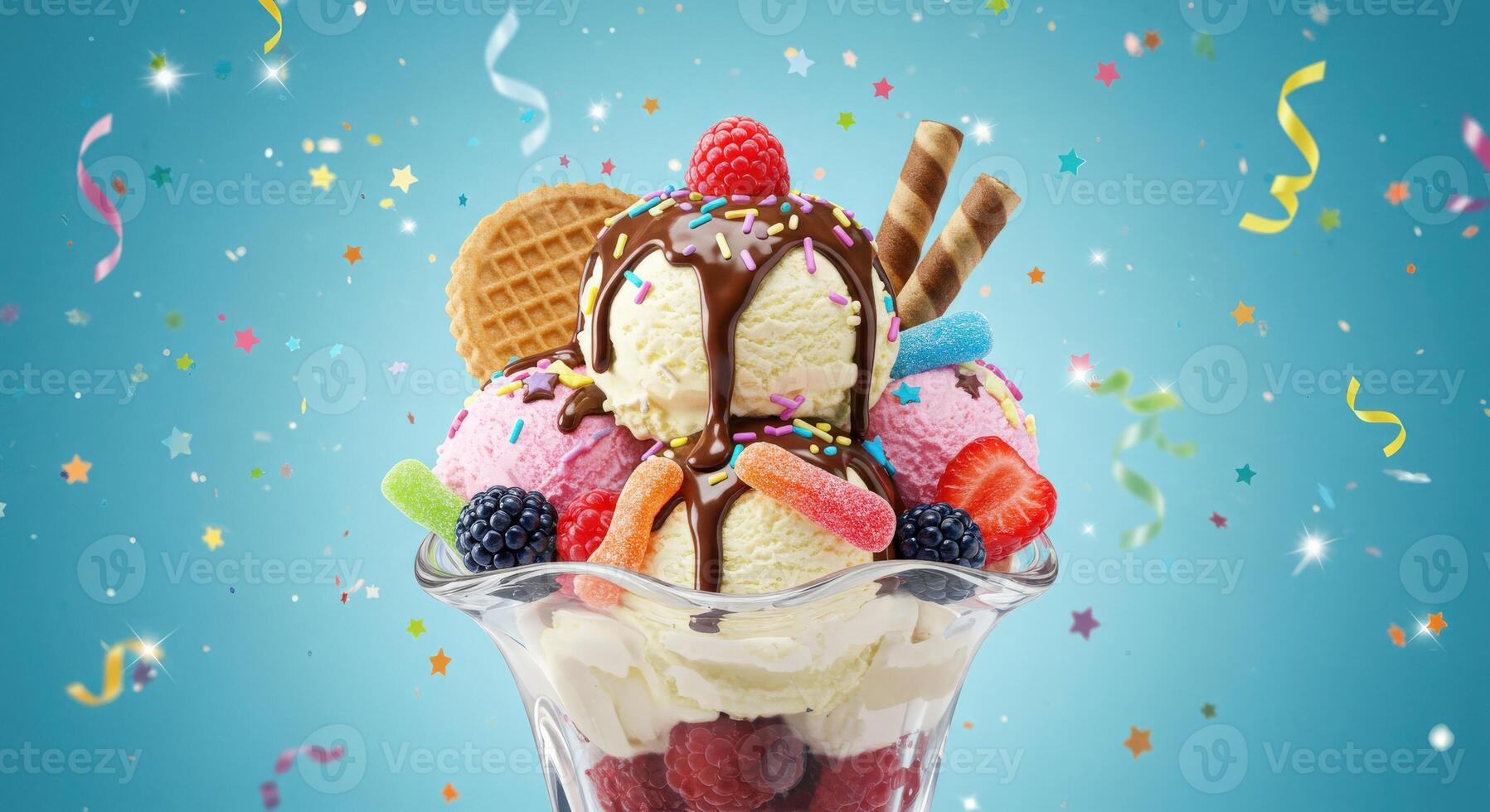 An ice cream sundae with chocolate, berries and ice cream photo