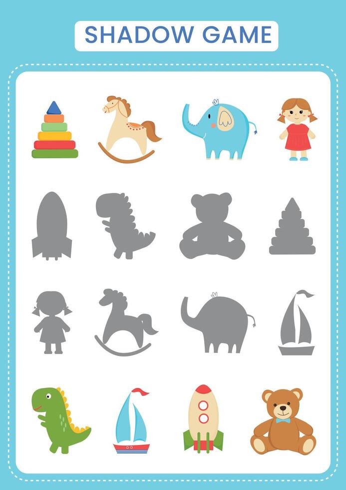 Find the correct shadow of toys. Matching game. Educational game for kids. Choose correct answer. Illustration on white background. vector