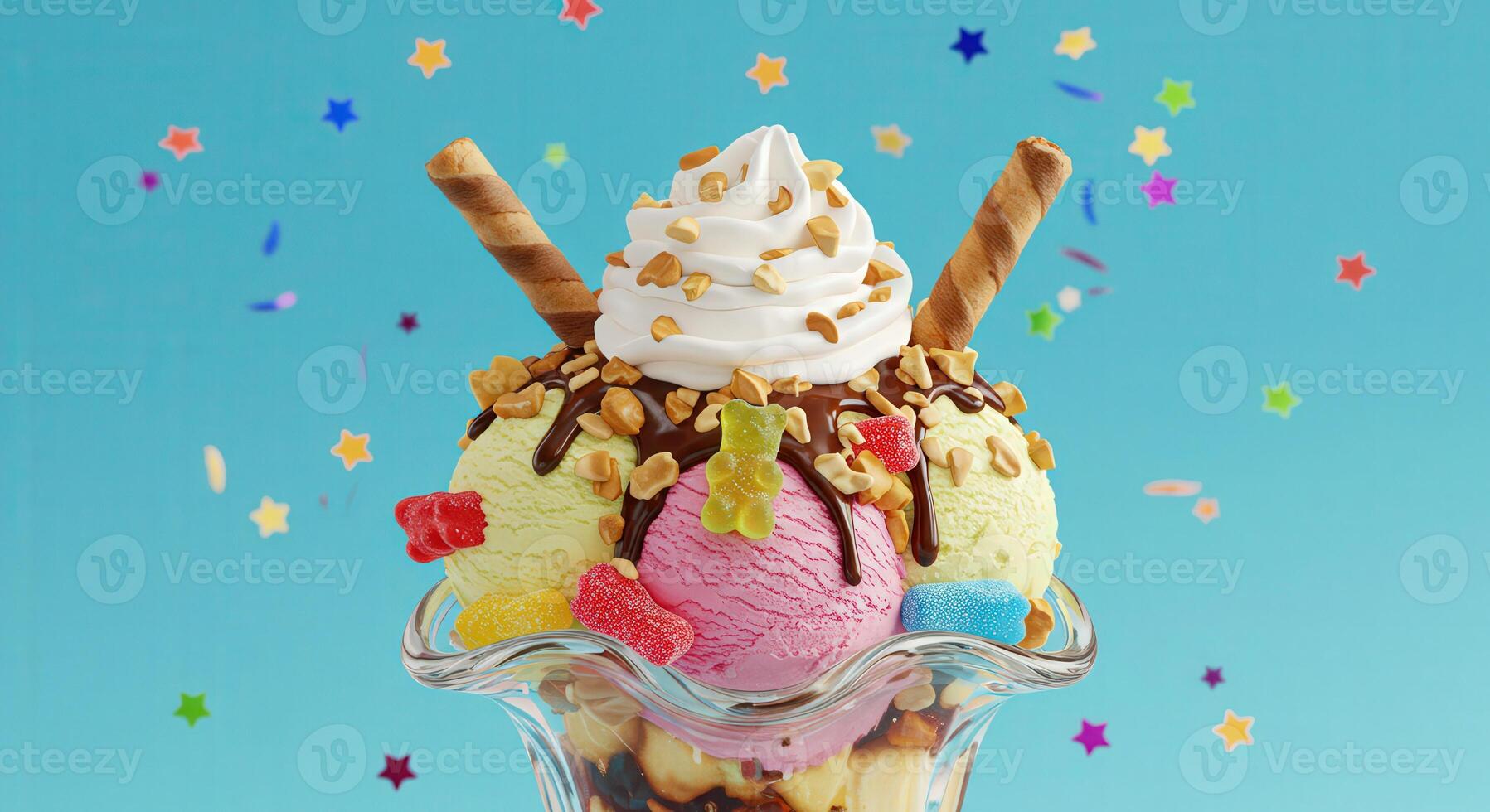 An ice cream sundae with a scoop of ice cream and toppings photo