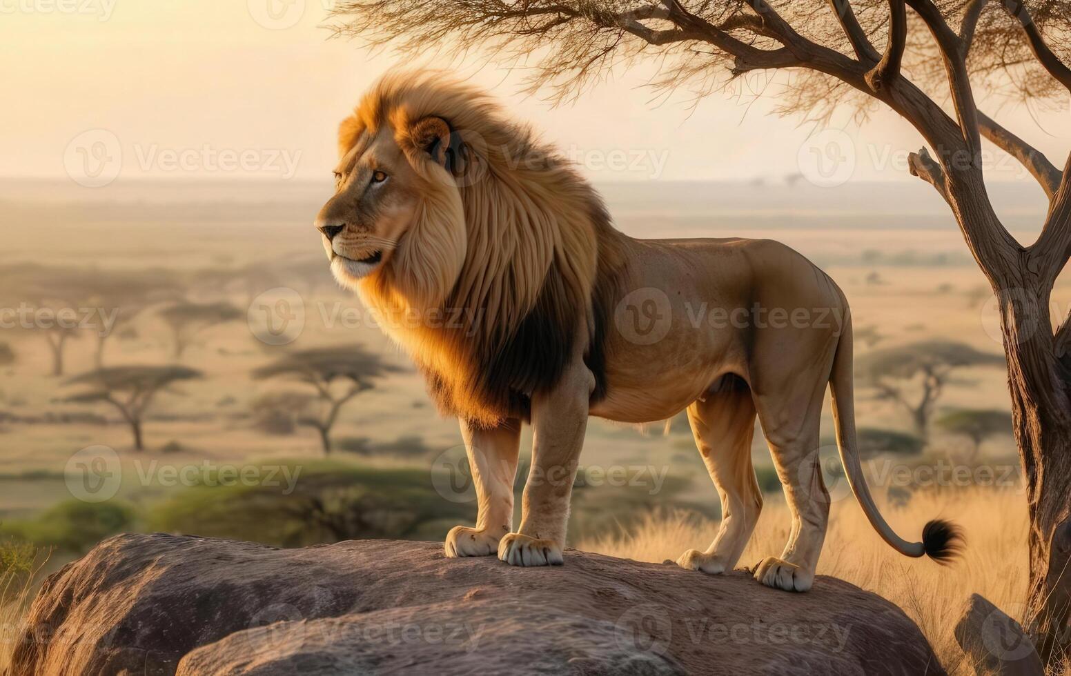 A lion stands on a rock in the middle of a savannah photo