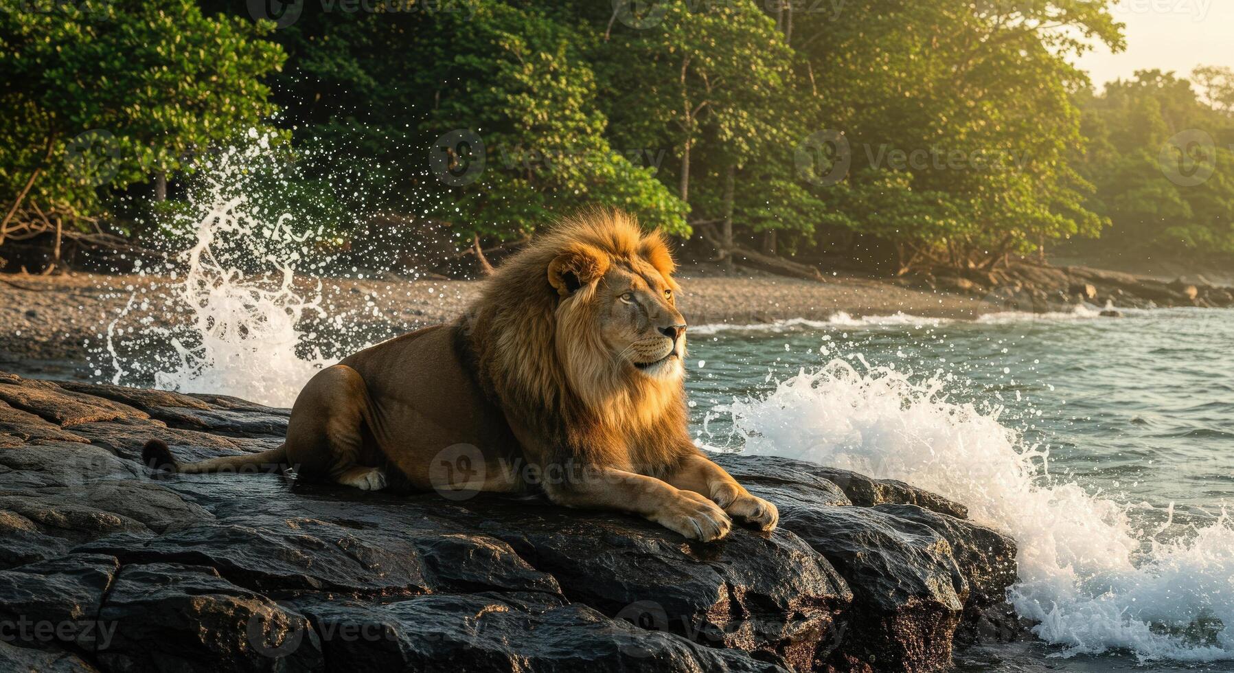 A lion sitting on the rocks near the ocean photo