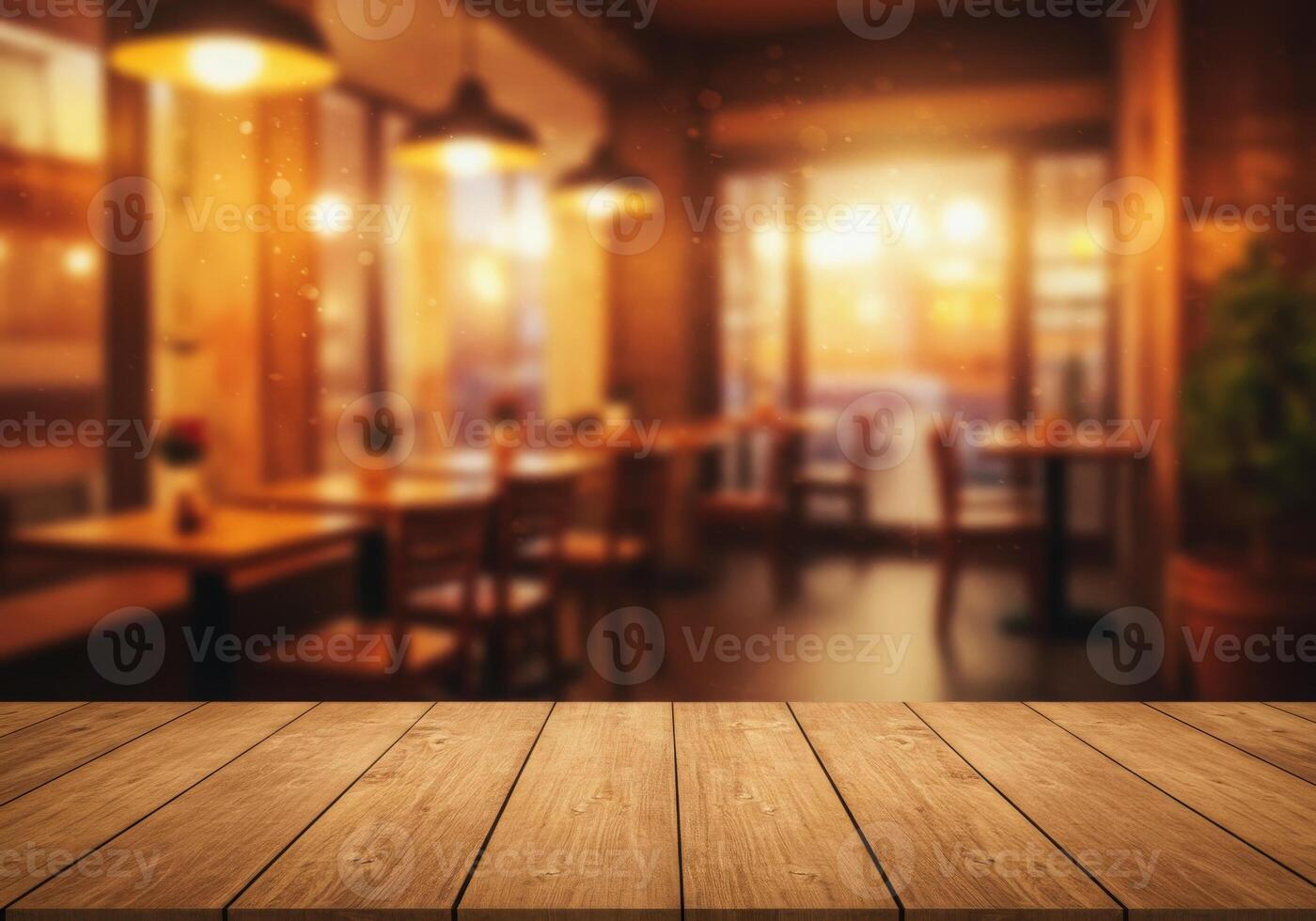 Wooden table top with restaurant interior photo