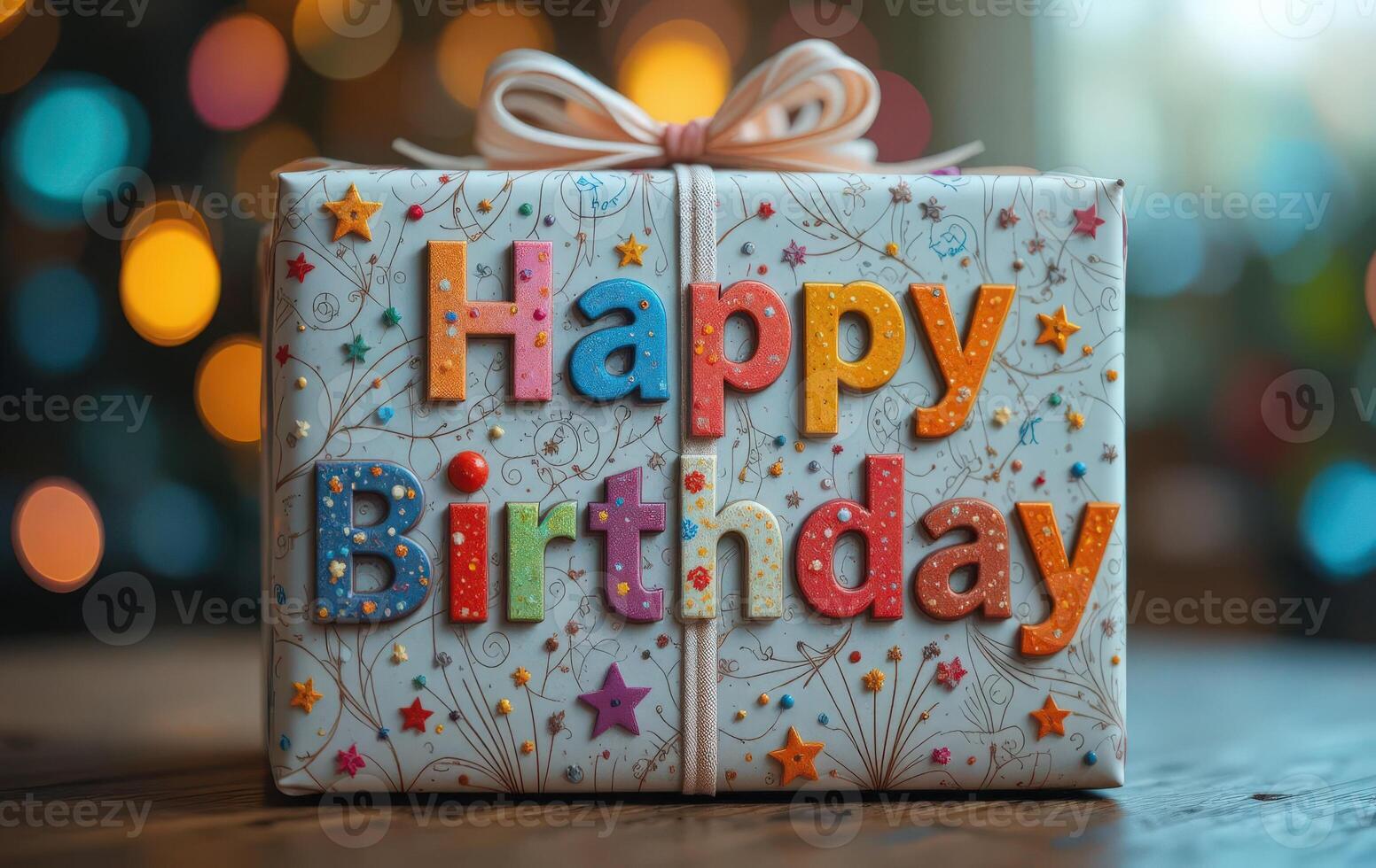 Happy birthday gift box on table with bokeh background photo