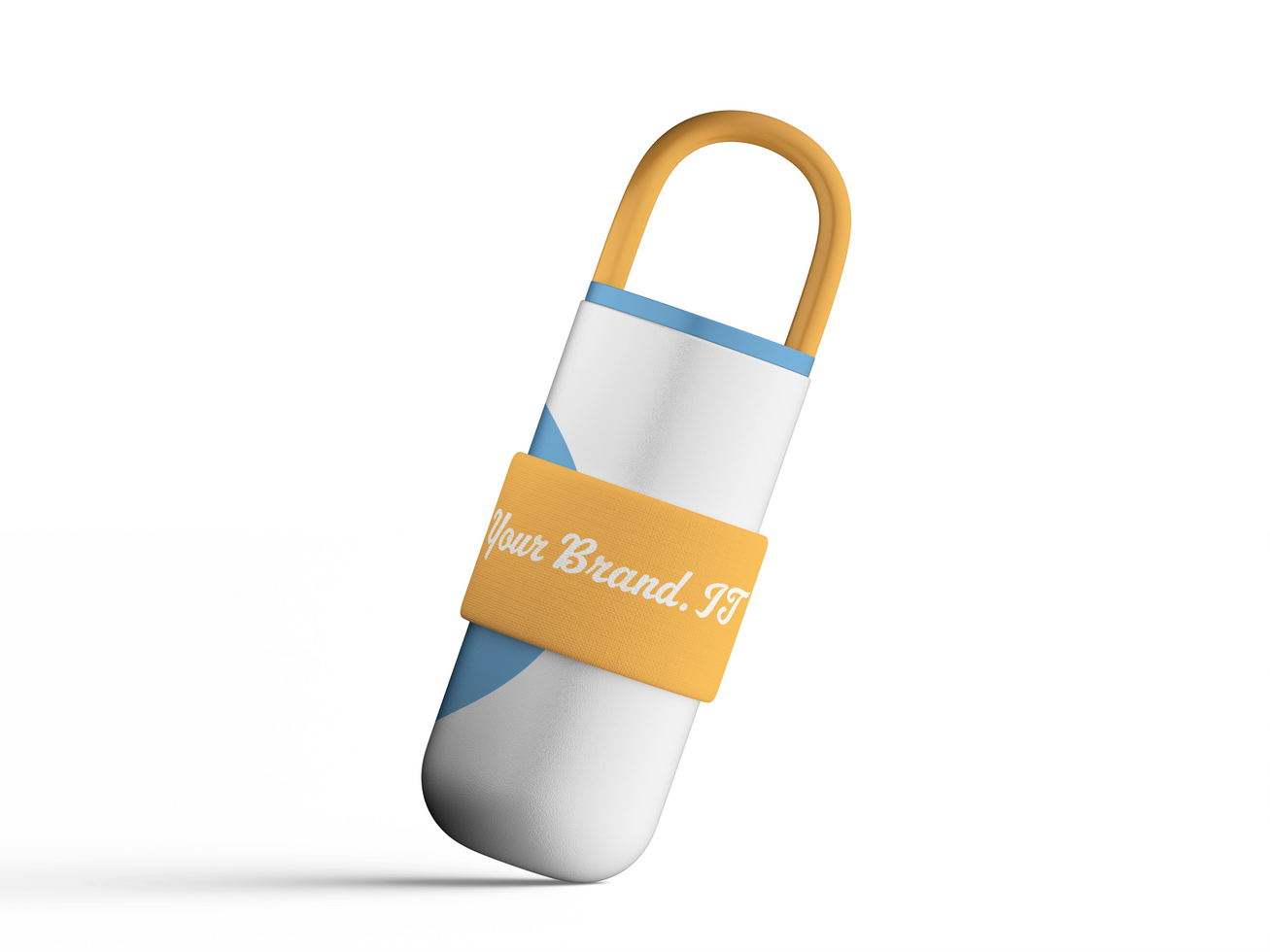 Pair of insulated water bottles with modern blue and orange design on white background psd