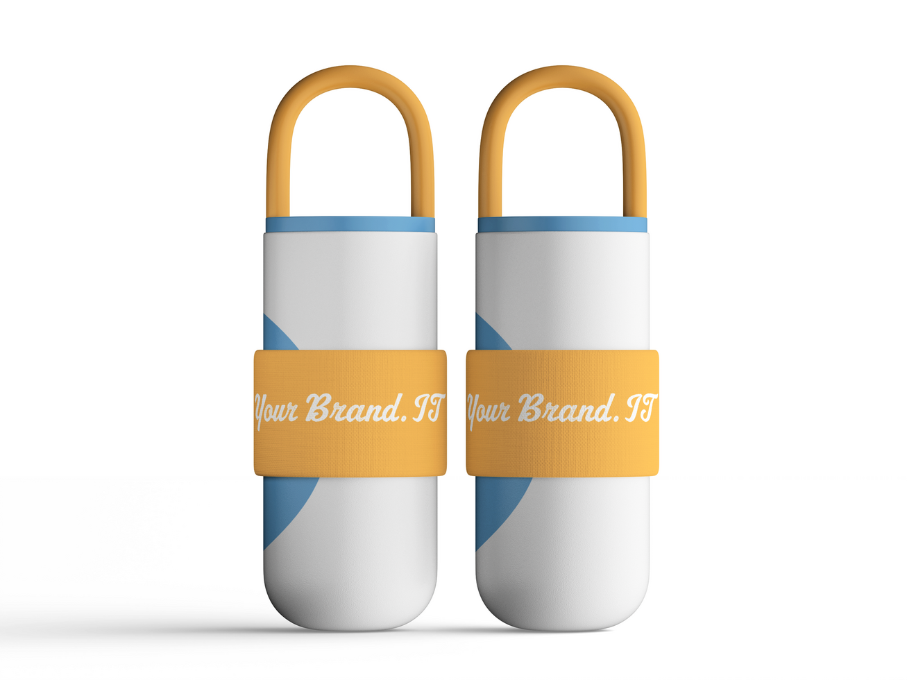 Modern insulated water bottle with bold orange handle on white backdrop psd