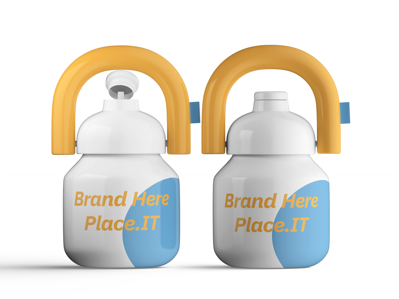 Pair of insulated water bottles with yellow handles, customizable branding, and blue base design. psd