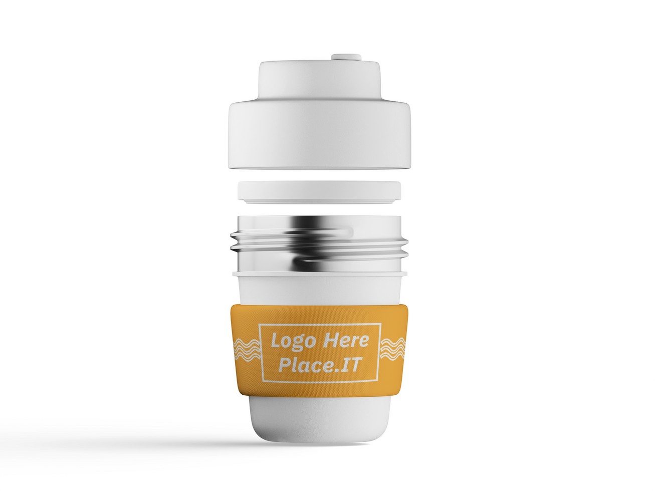 Insulated cup with customizable branding, metal middle section, and white cap, upright on white background. psd