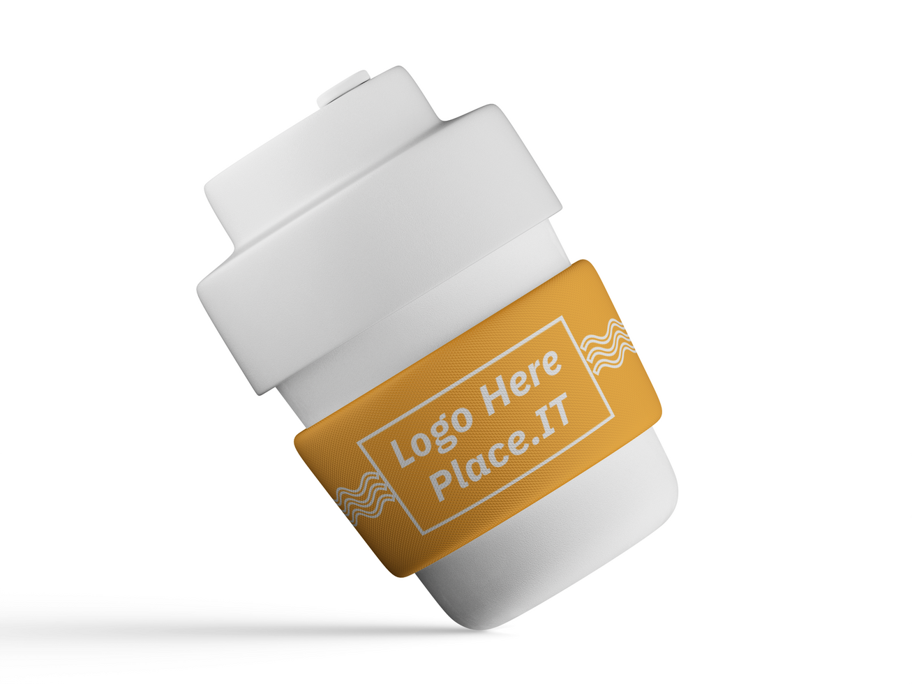 Two reusable cups with yellow branding sleeves lying at an angle on white background psd