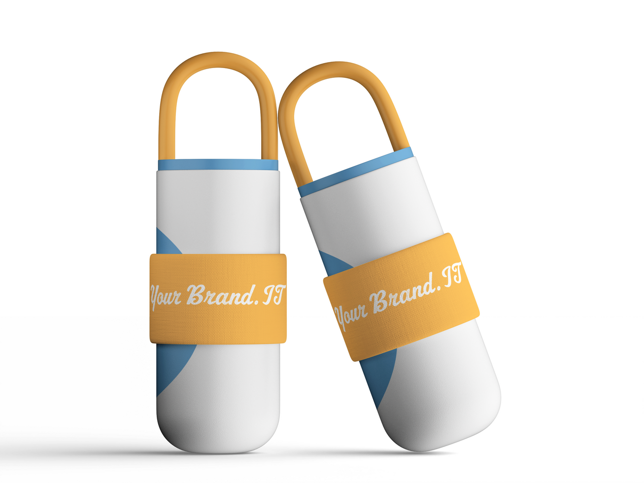Pair of insulated water bottles leaning, showing orange handles and branding band psd