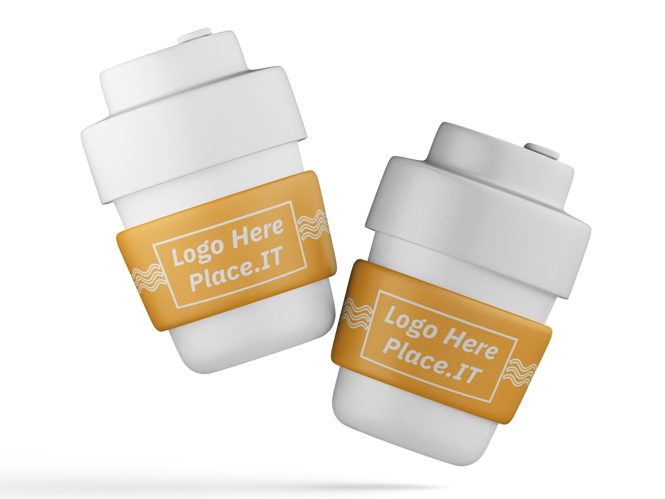 Two angled reusable cups with customizable yellow branding sleeves and white caps psd