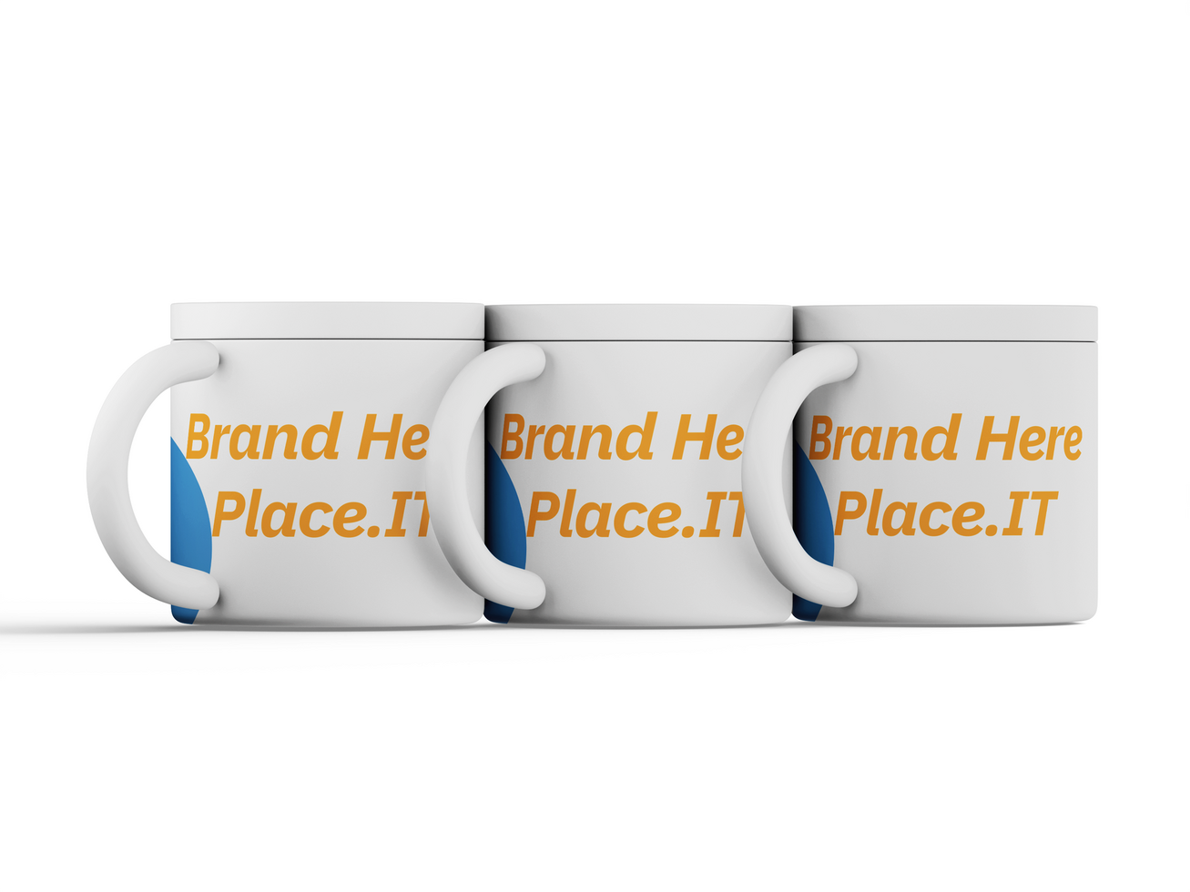 Group of three insulated mugs arranged horizontally, customizable branding on each mug. psd