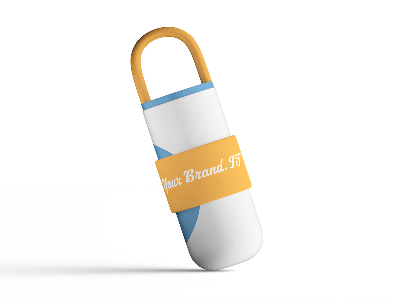 Angled insulated bottle mockup with bold orange handle and branding band. psd