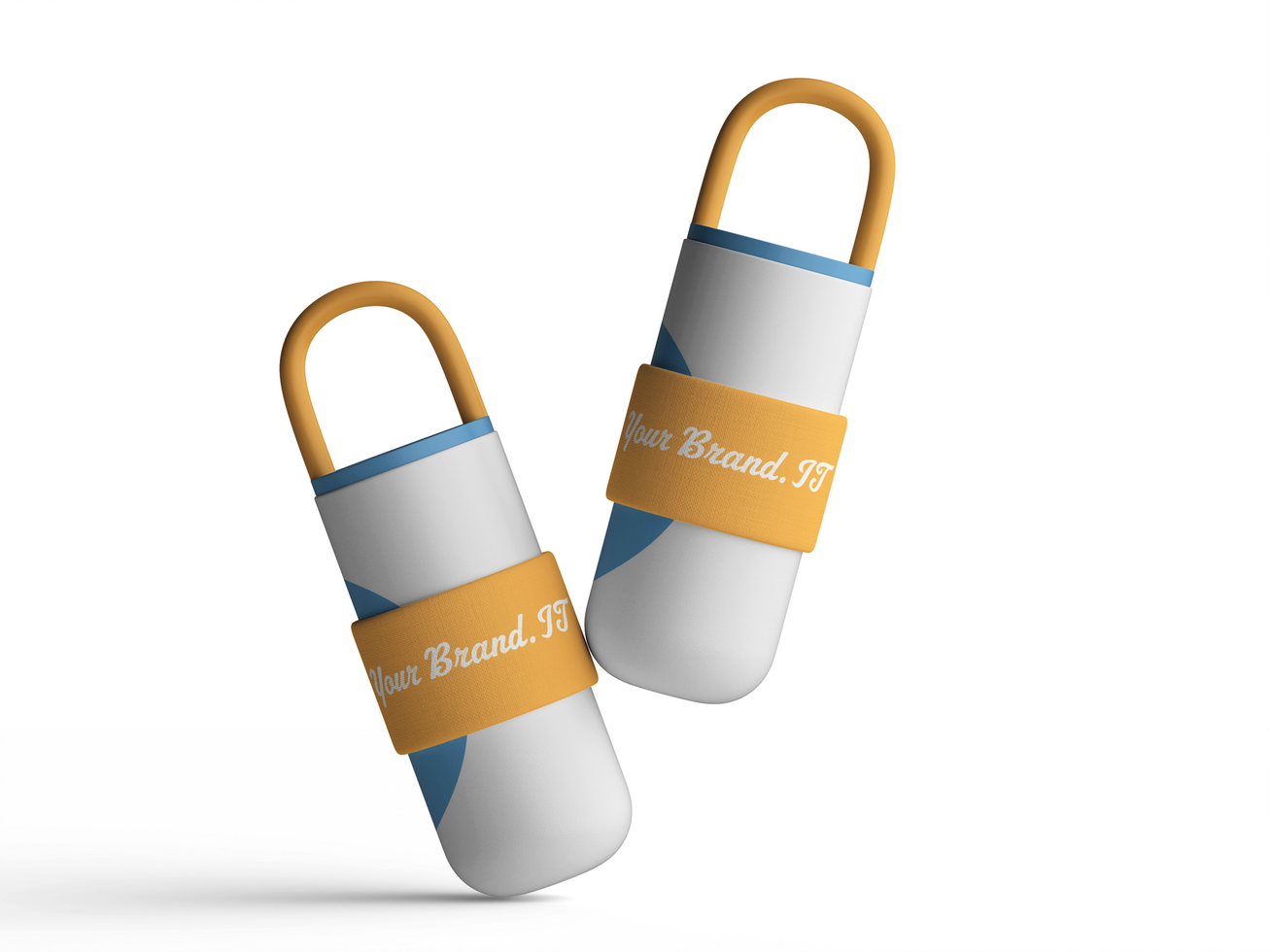 Vertical insulated water bottle with bold orange handle and customizable branding band psd