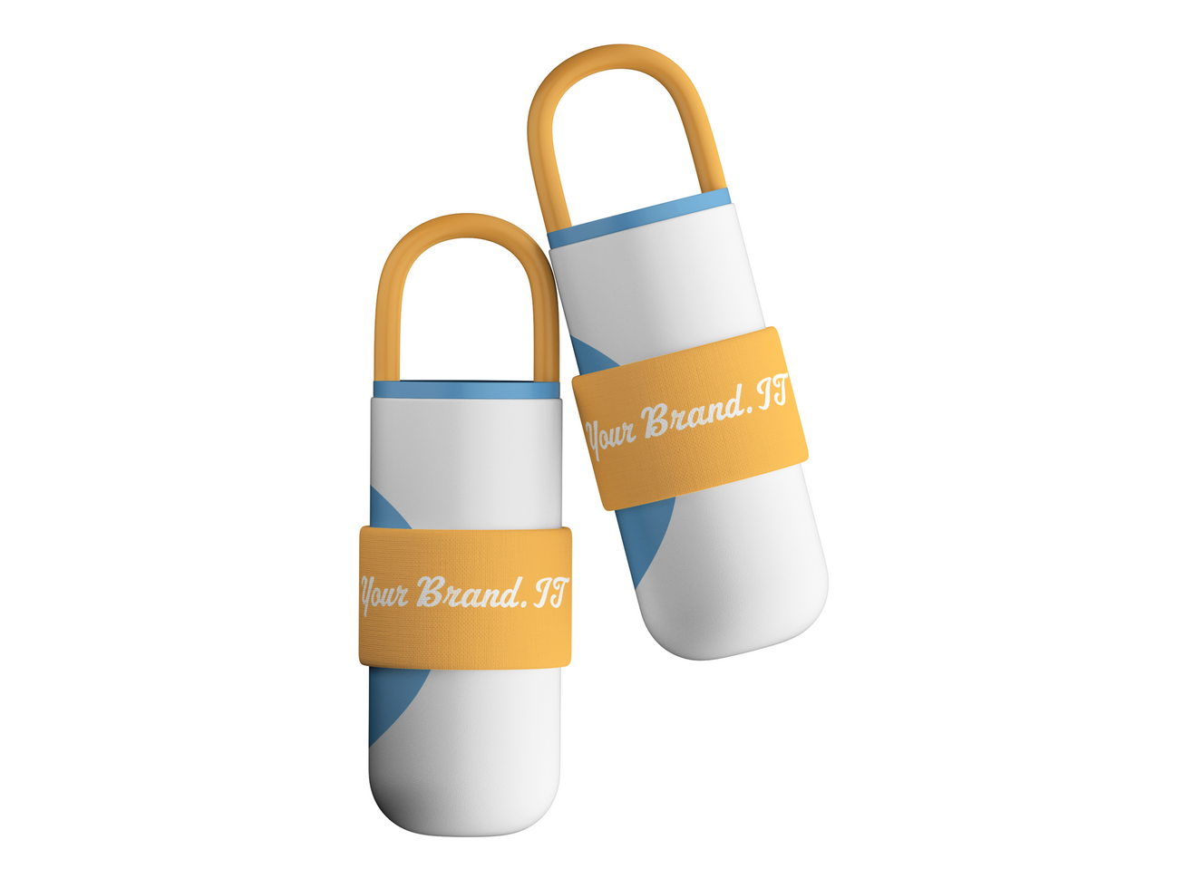 Two insulated water bottles leaning together with bold orange branding bands psd