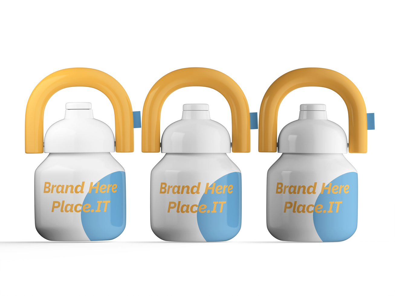 Close up of three customizable insulated water bottles with blue bases and yellow handles psd