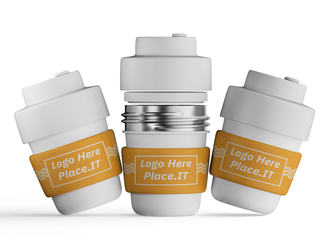 Angled pair of reusable cups with yellow branding sleeves and customizable white lids psd