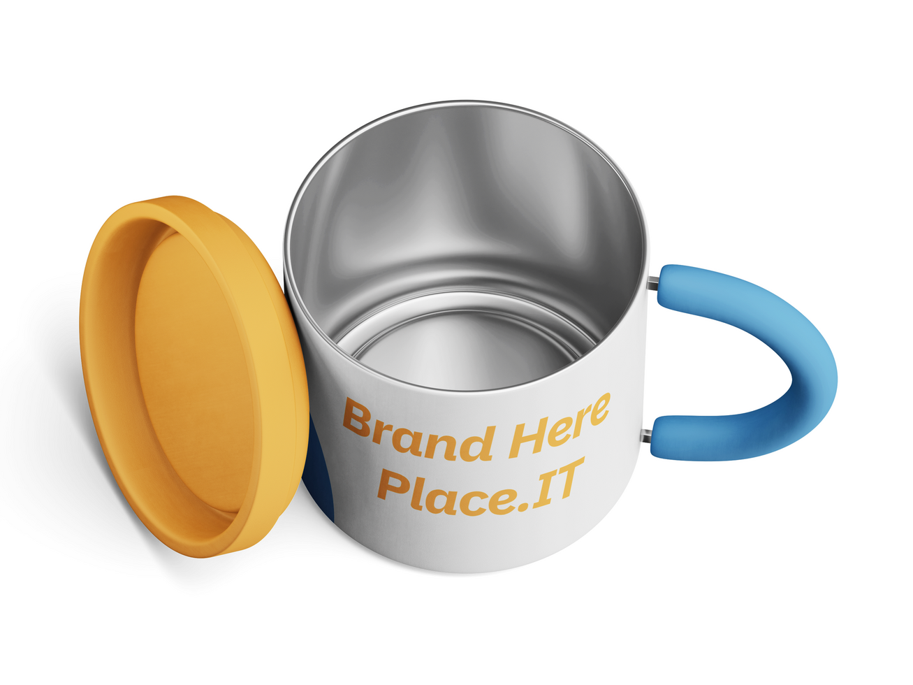 Stainless steel insulated mug with yellow lid and blue handle, open view showing interior psd