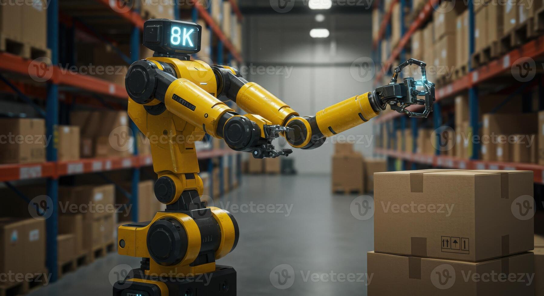 A robot is standing in a warehouse with boxes photo