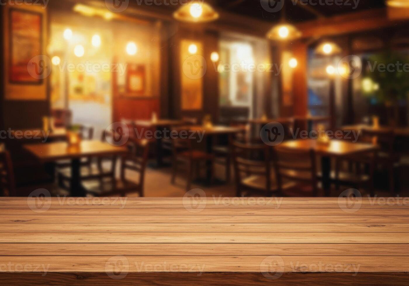 Wooden table top over restaurant interior with blurred lights photo