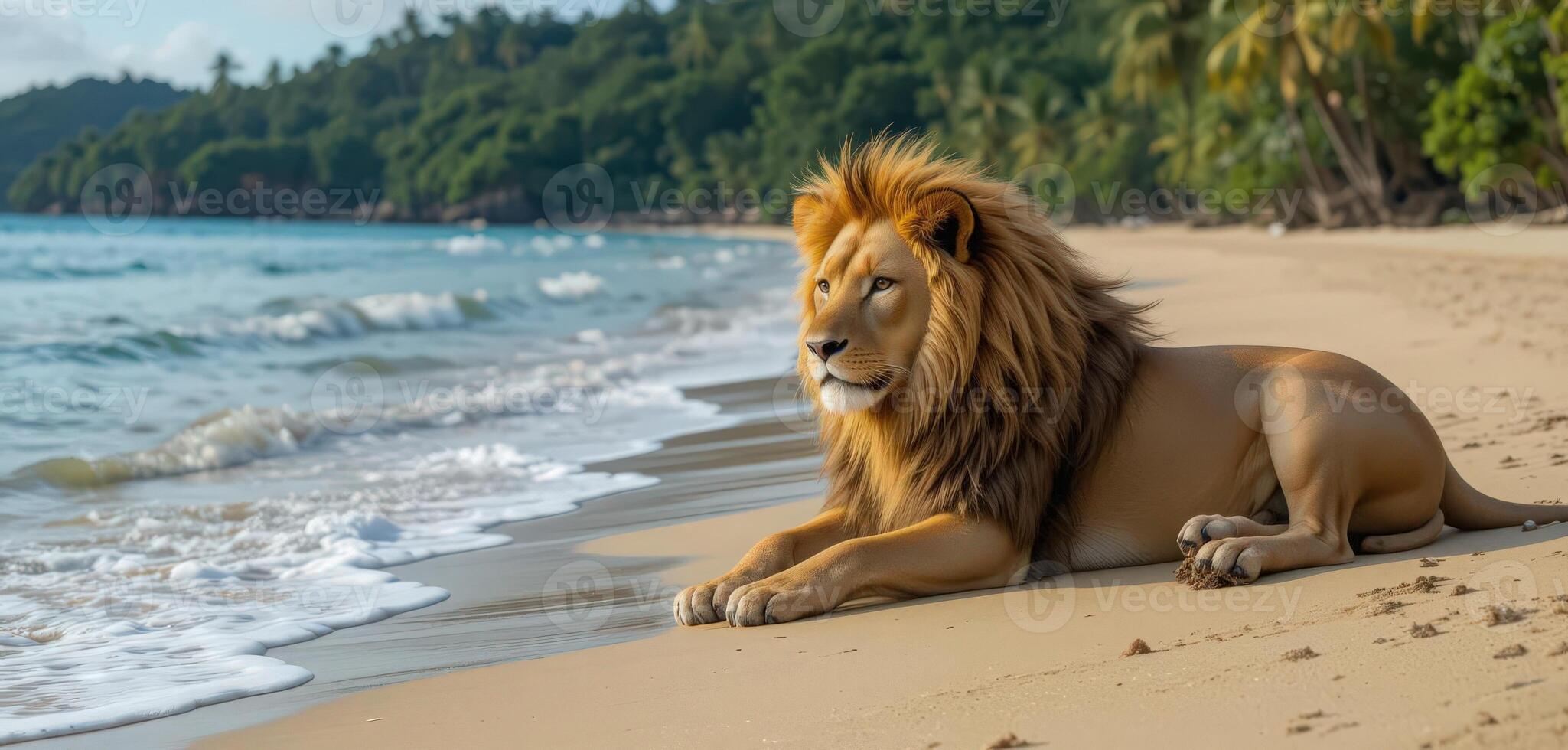 A lion is sitting on the beach photo
