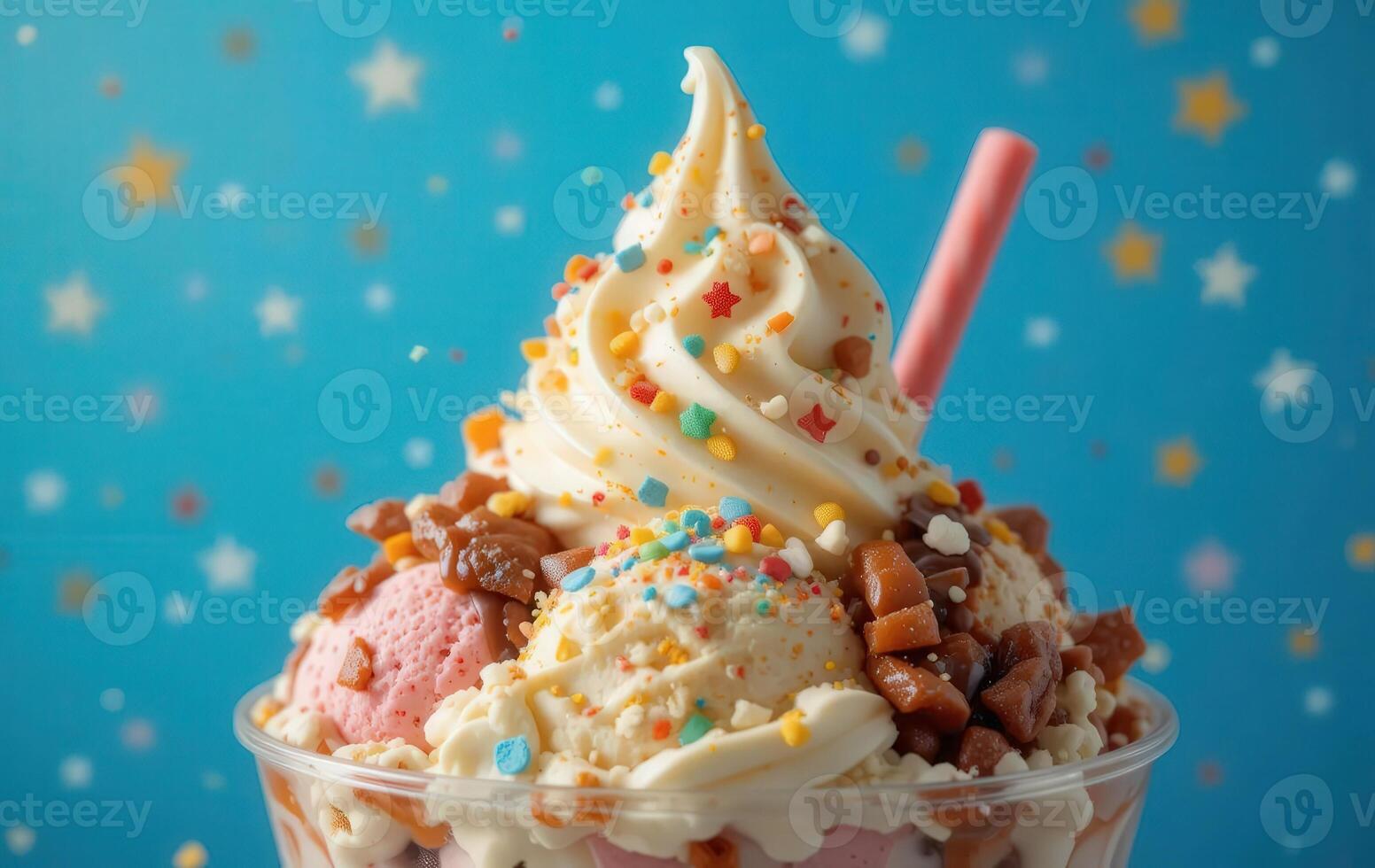 An ice cream sundae with sprinkles and toppings photo