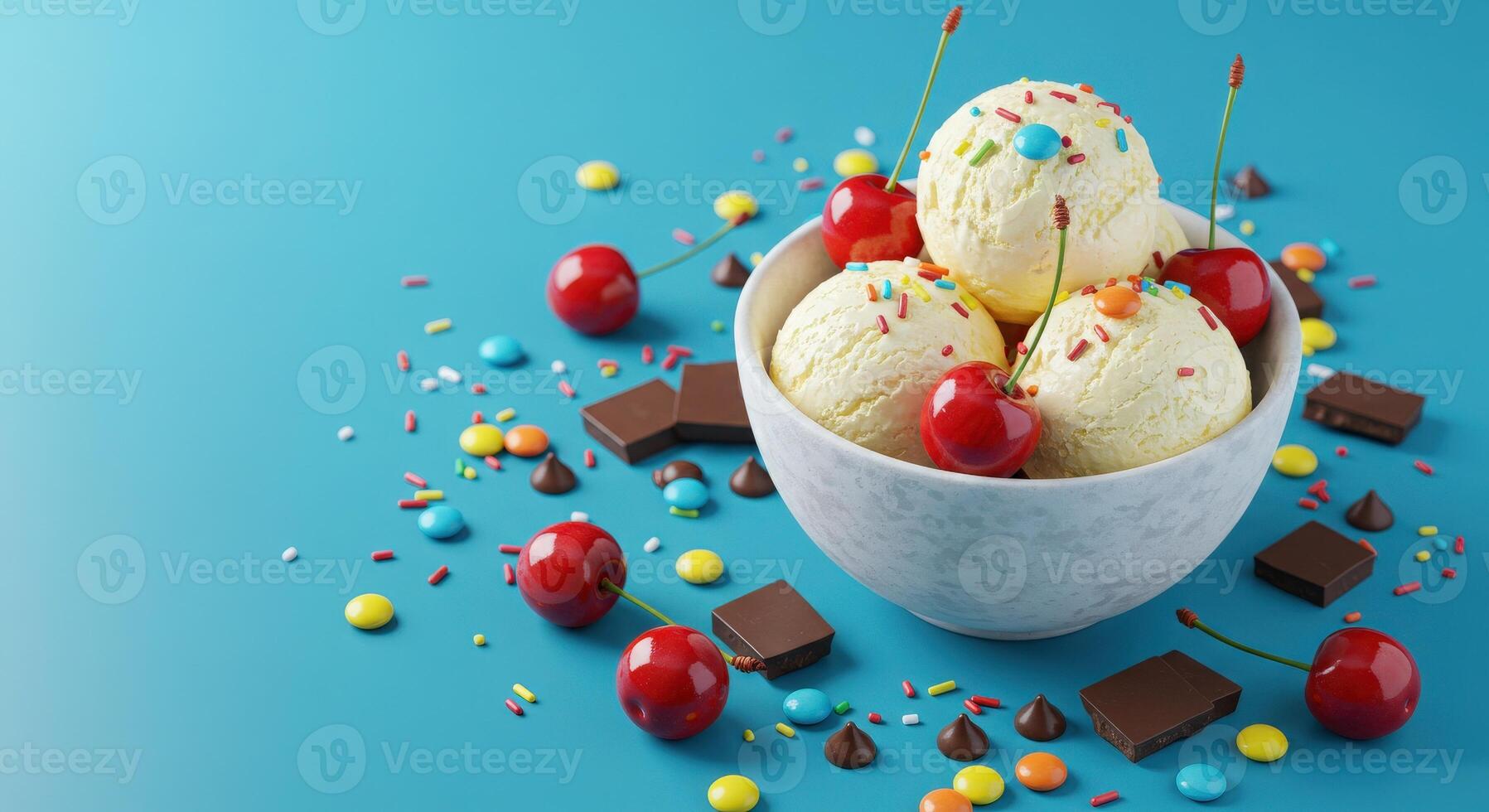 Ice cream with cherries and chocolate on a blue background photo