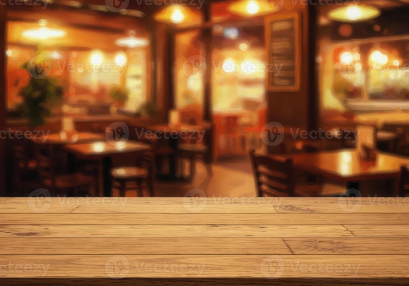 Wooden table top over restaurant interior with blurred background photo