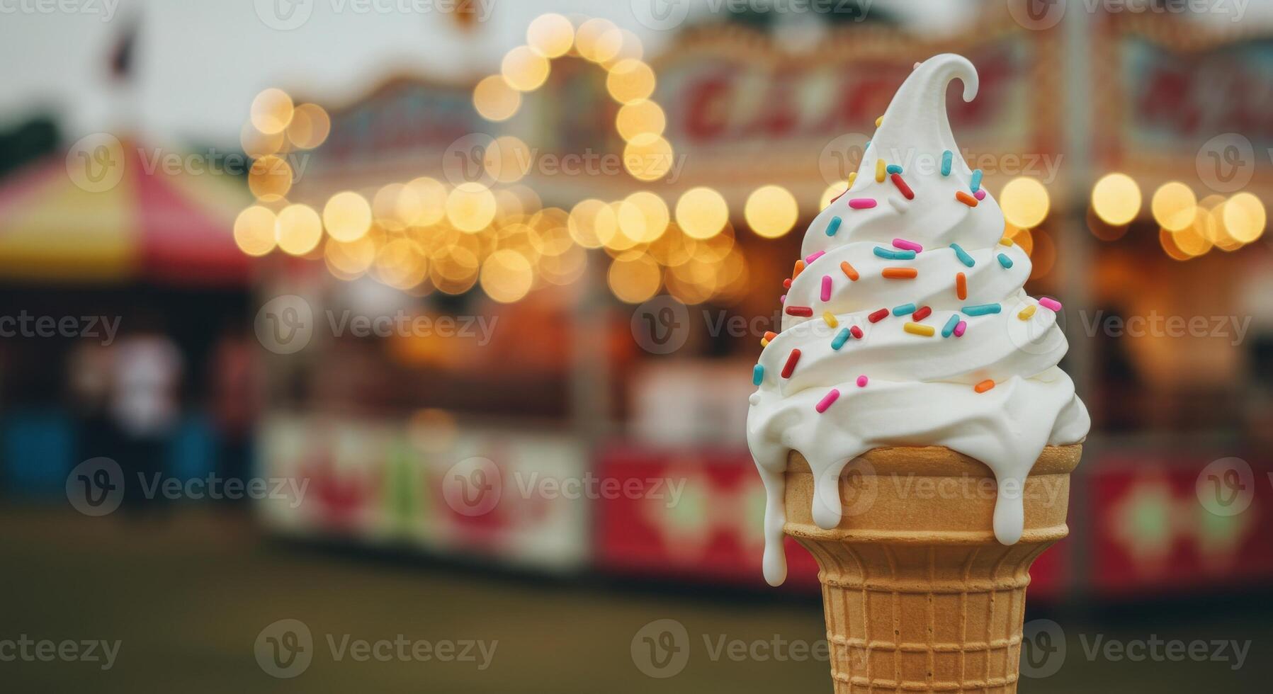 An ice cream cone with sprinkles on top in front of a carnival photo