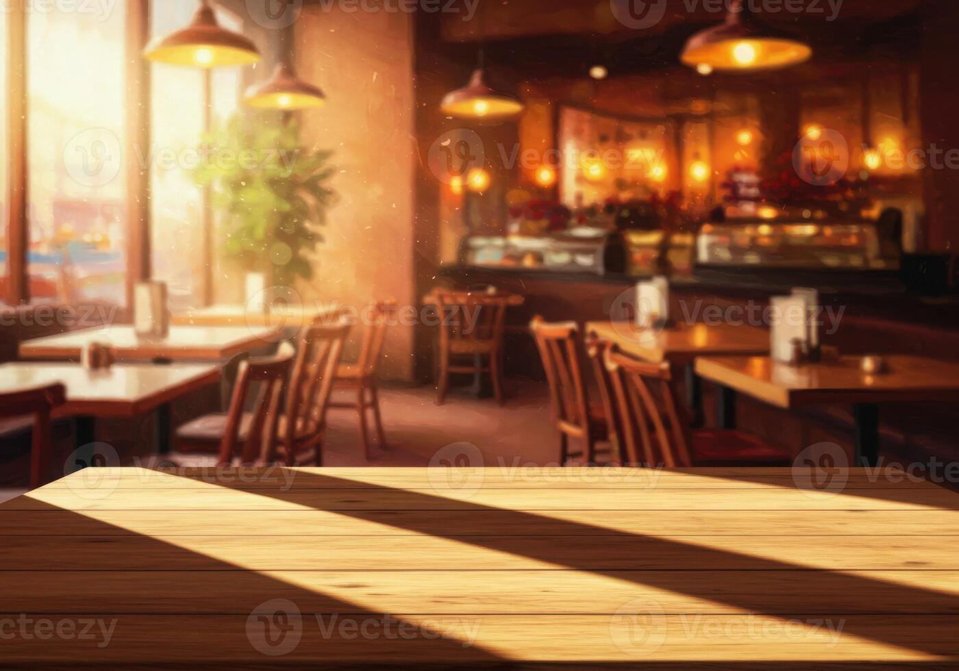 Wooden table in a restaurant with sunlight shining through the window photo