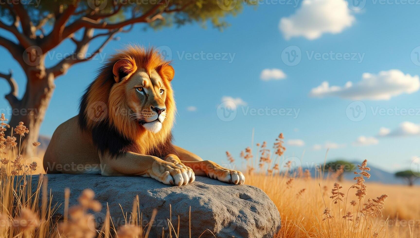 A lion is sitting on a rock in the middle of a field photo
