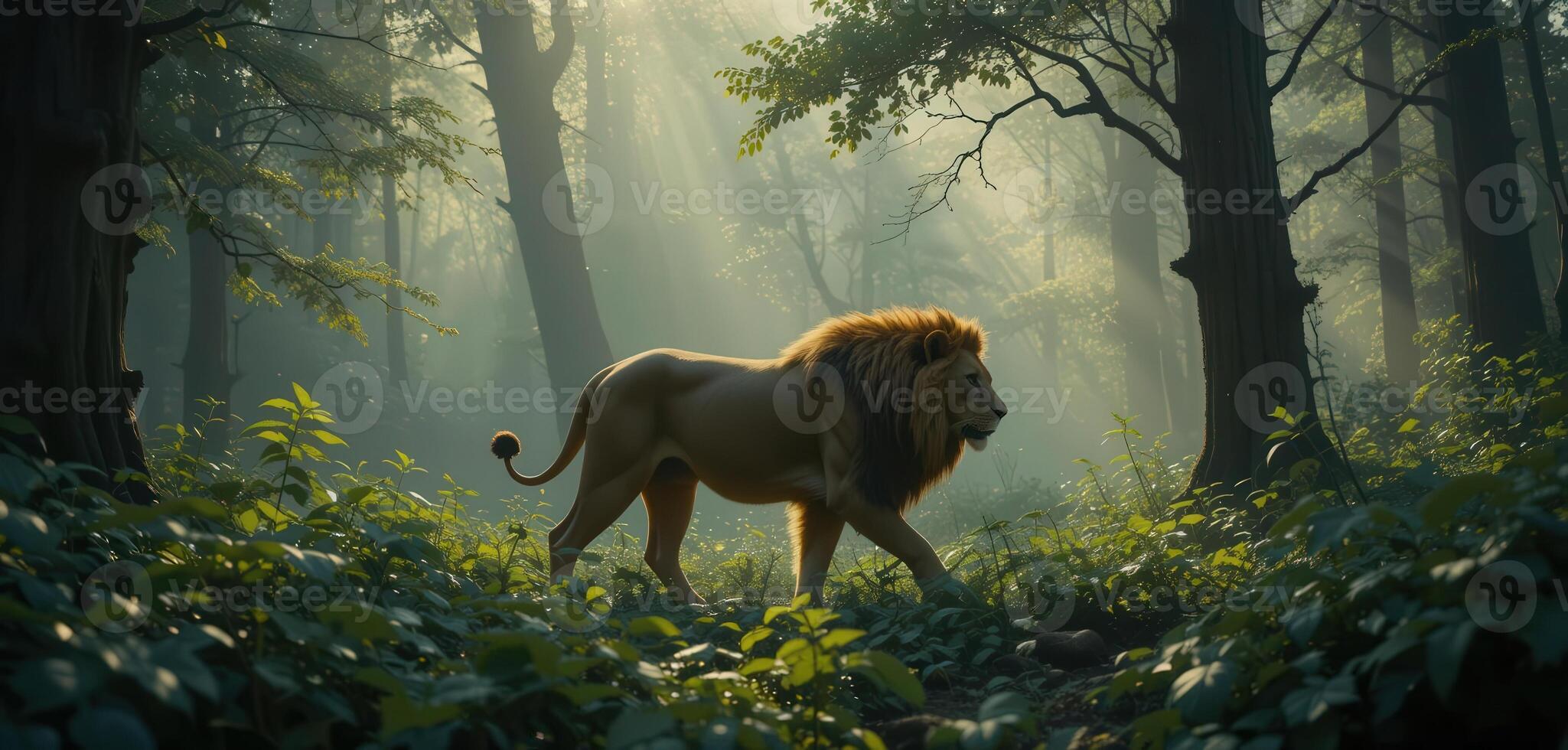 A lion walking through a forest at sunrise photo