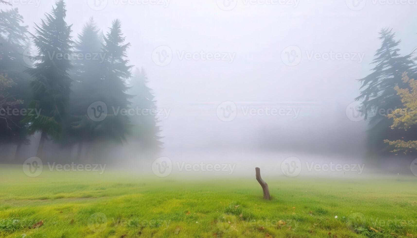A green field with trees and fog in the background photo