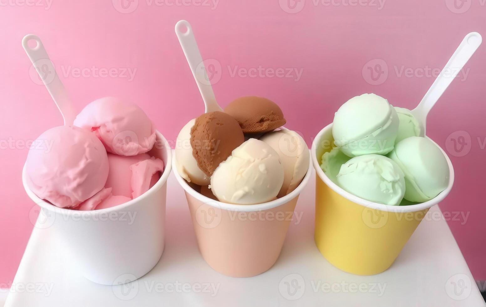 Three cups of ice cream with spoons on a pink background photo