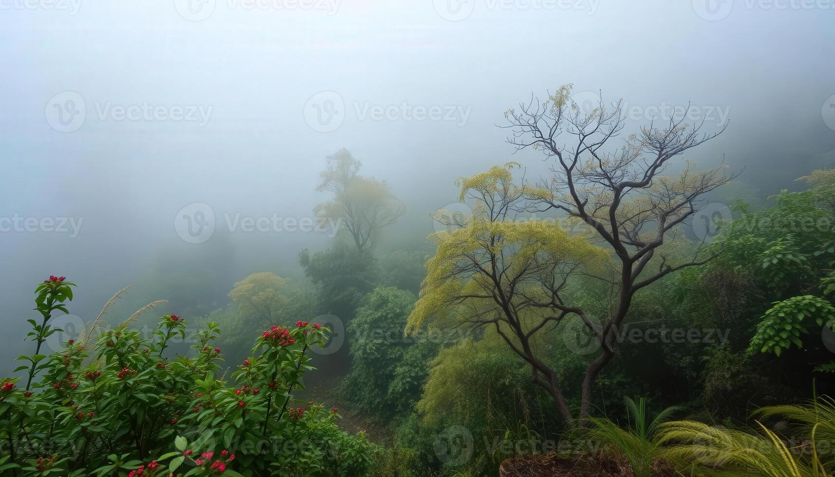 A foggy forest with trees and flowers photo