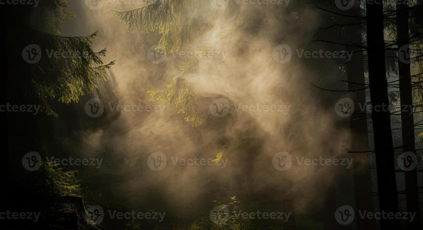 A person walking through a forest with a horse photo