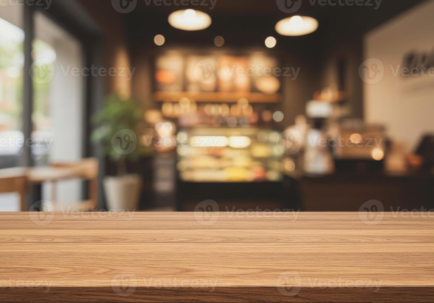 Table top in front of coffee shop with blurred background photo