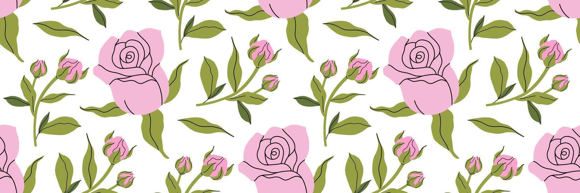 Beautiful flowers seamless pattern. Delicate pink rose with stem and leaves, small bud. Botanical spring pattern. For wallpaper, textiles. Coquette Aesthetic style. Elegant vintage illustration vector