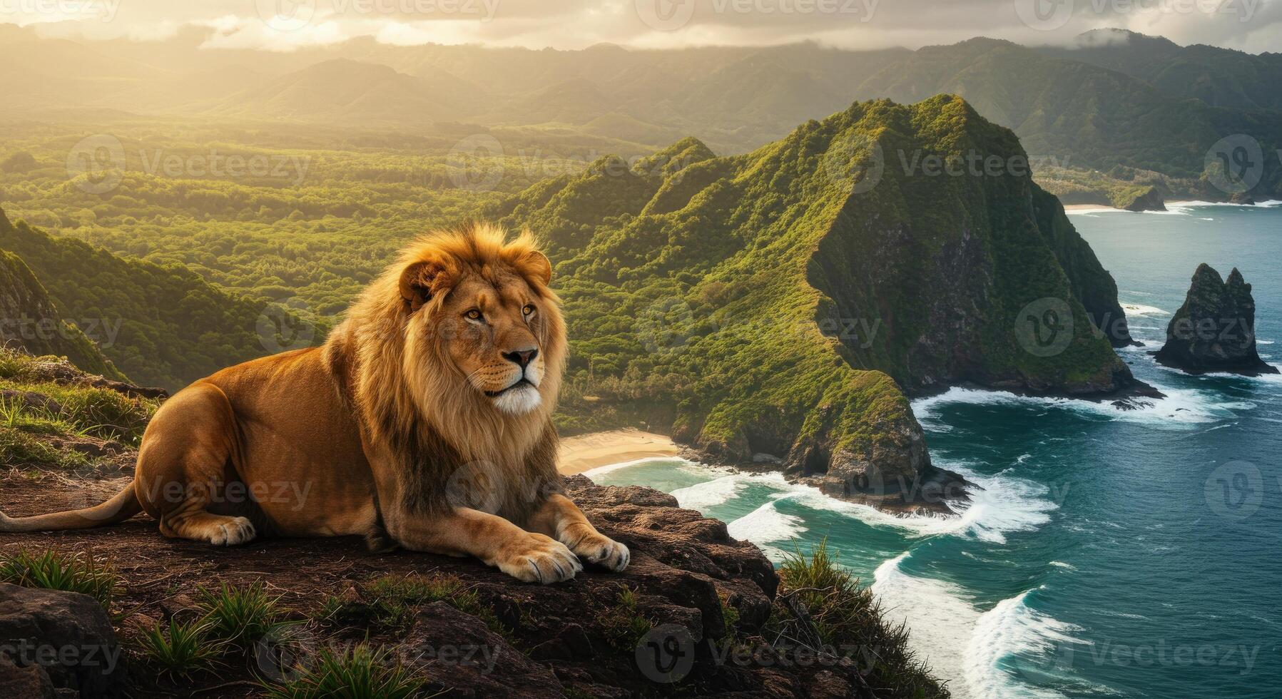 A lion sitting on a cliff overlooking the ocean and mountains photo