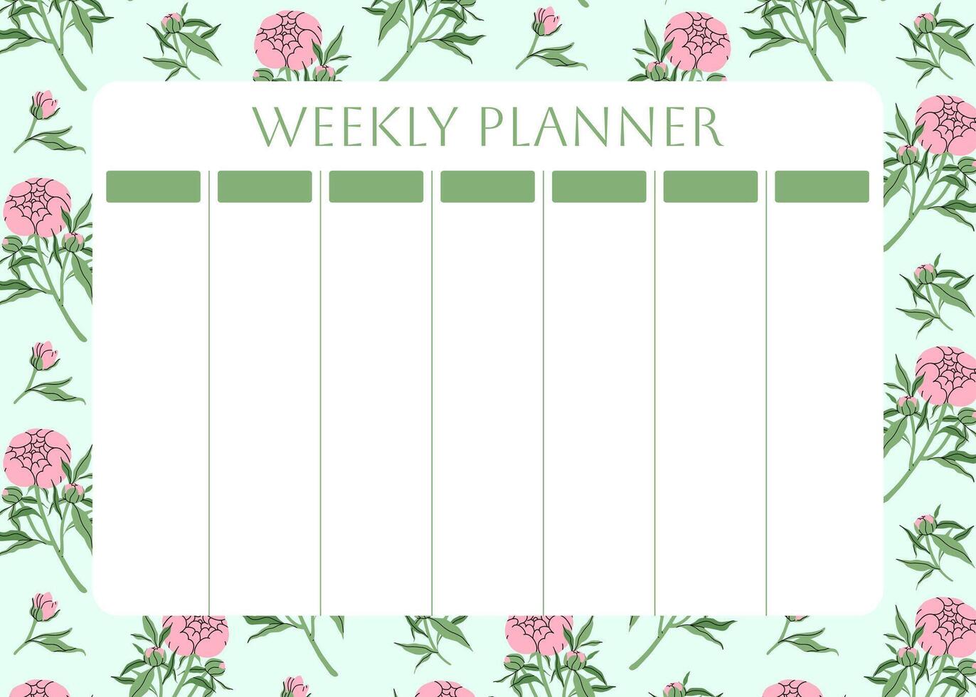 Weekly planner with floral pattern. with Delicate pink peonies and leaves on mint background for notes. Cute school planner is for 7 days. Kids schedule design template. flat illustration. vector