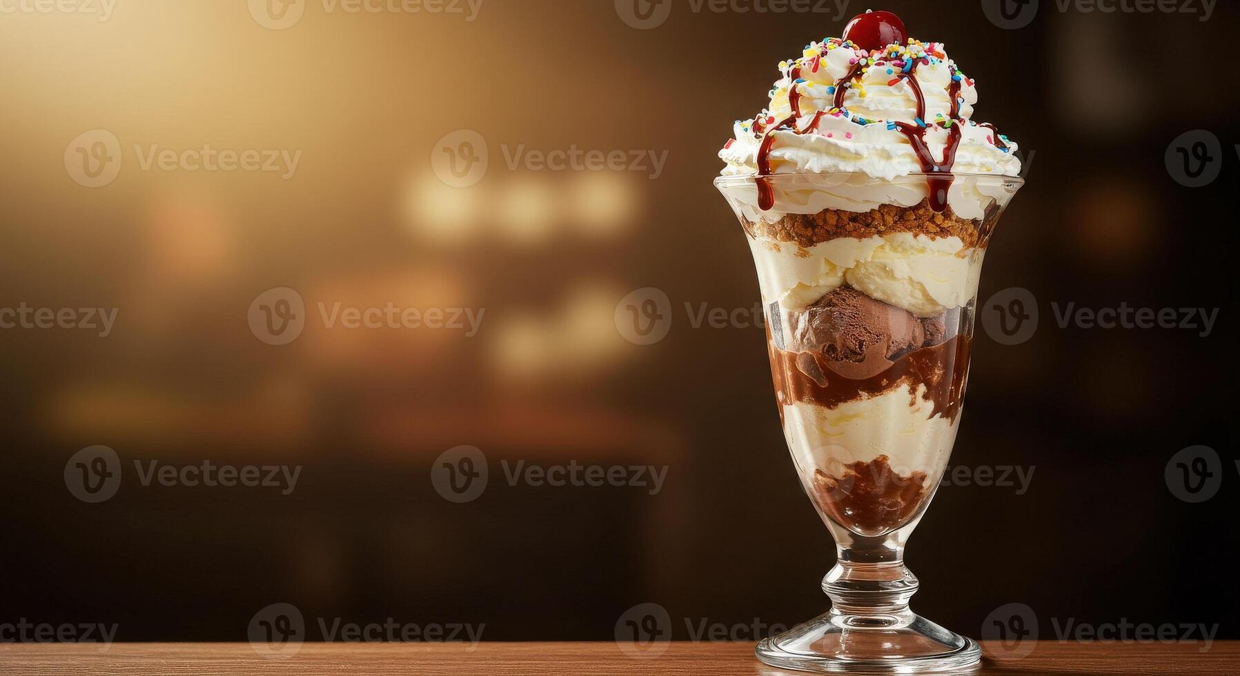 An ice cream sundae with whipped cream and toppings photo