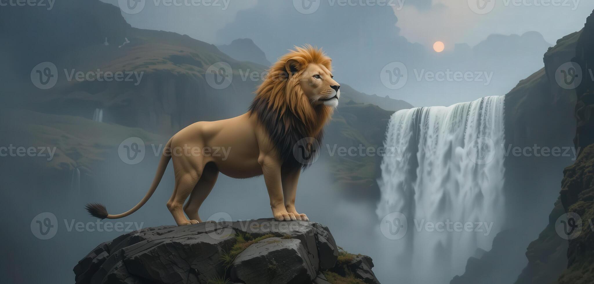 A lion stands on a cliff overlooking a waterfall photo