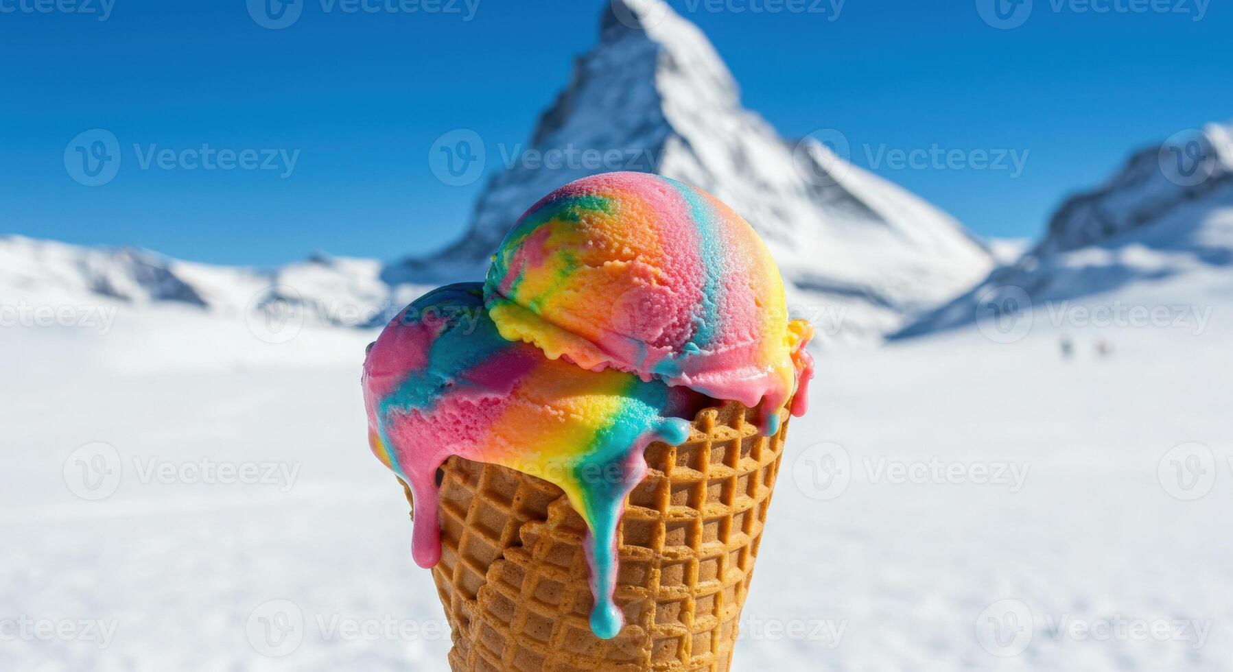 A cone of ice cream with rainbow colored ice cream on top of a mountain photo