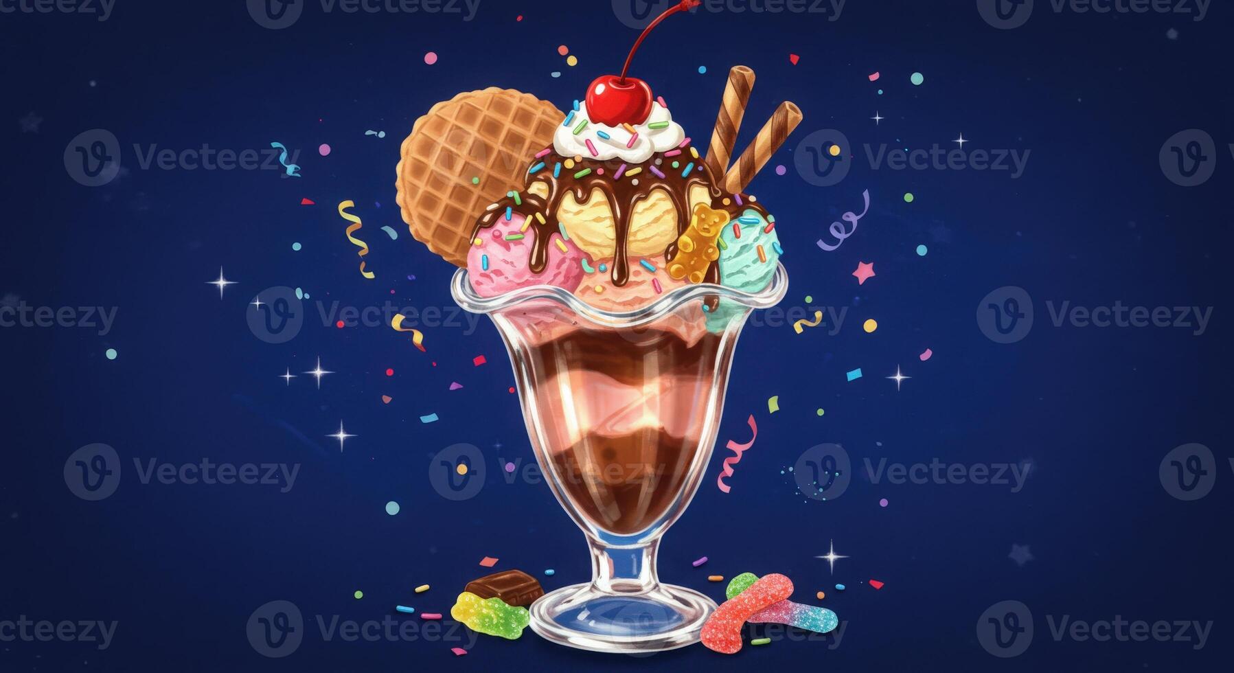 Ice cream sundae with cherry and ice cream photo