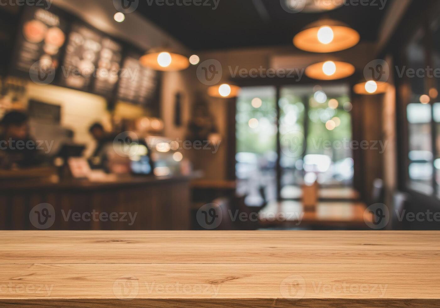 Table top in coffee shop with blurred background photo