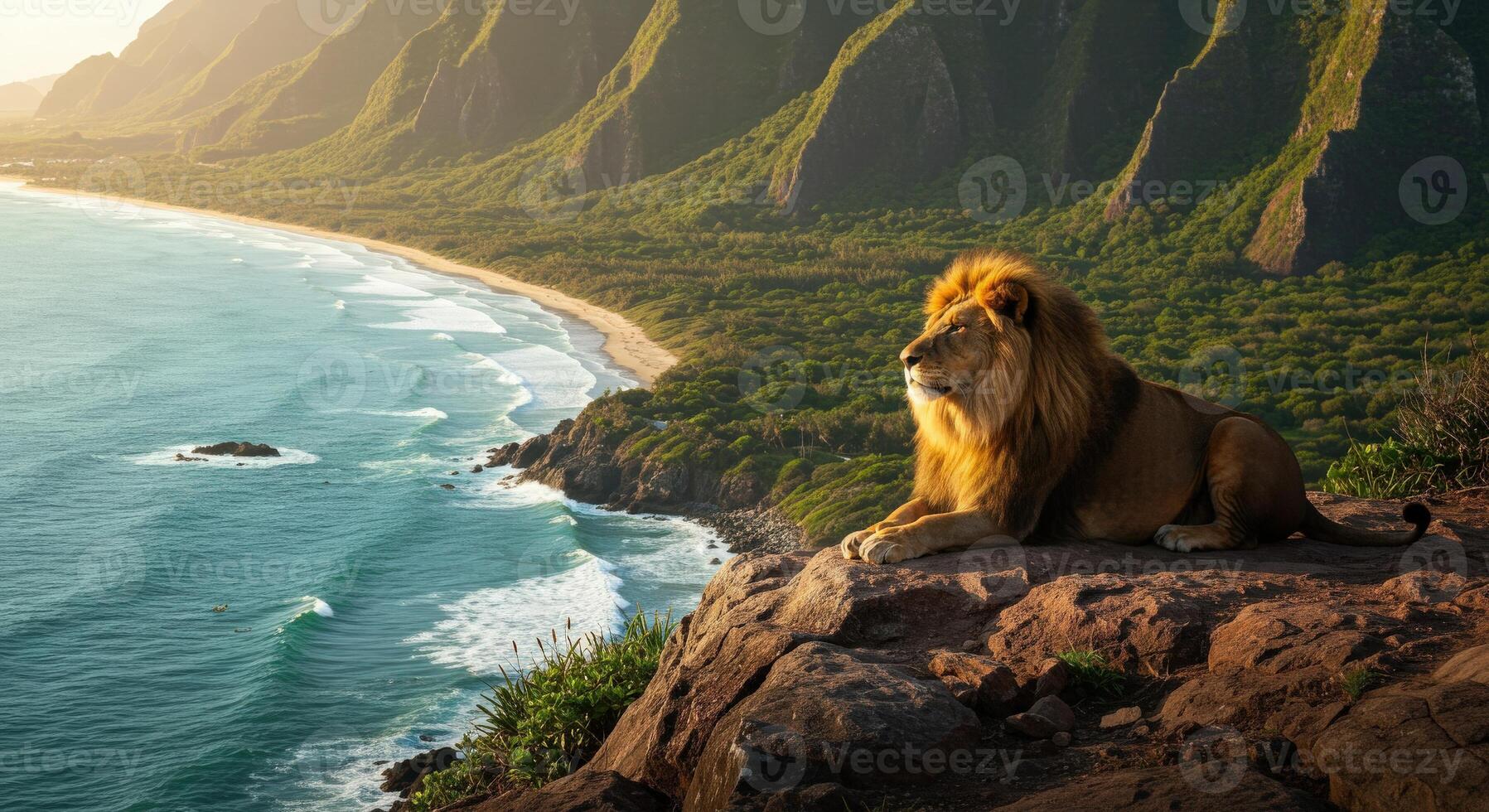A lion sitting on a rock overlooking the ocean photo