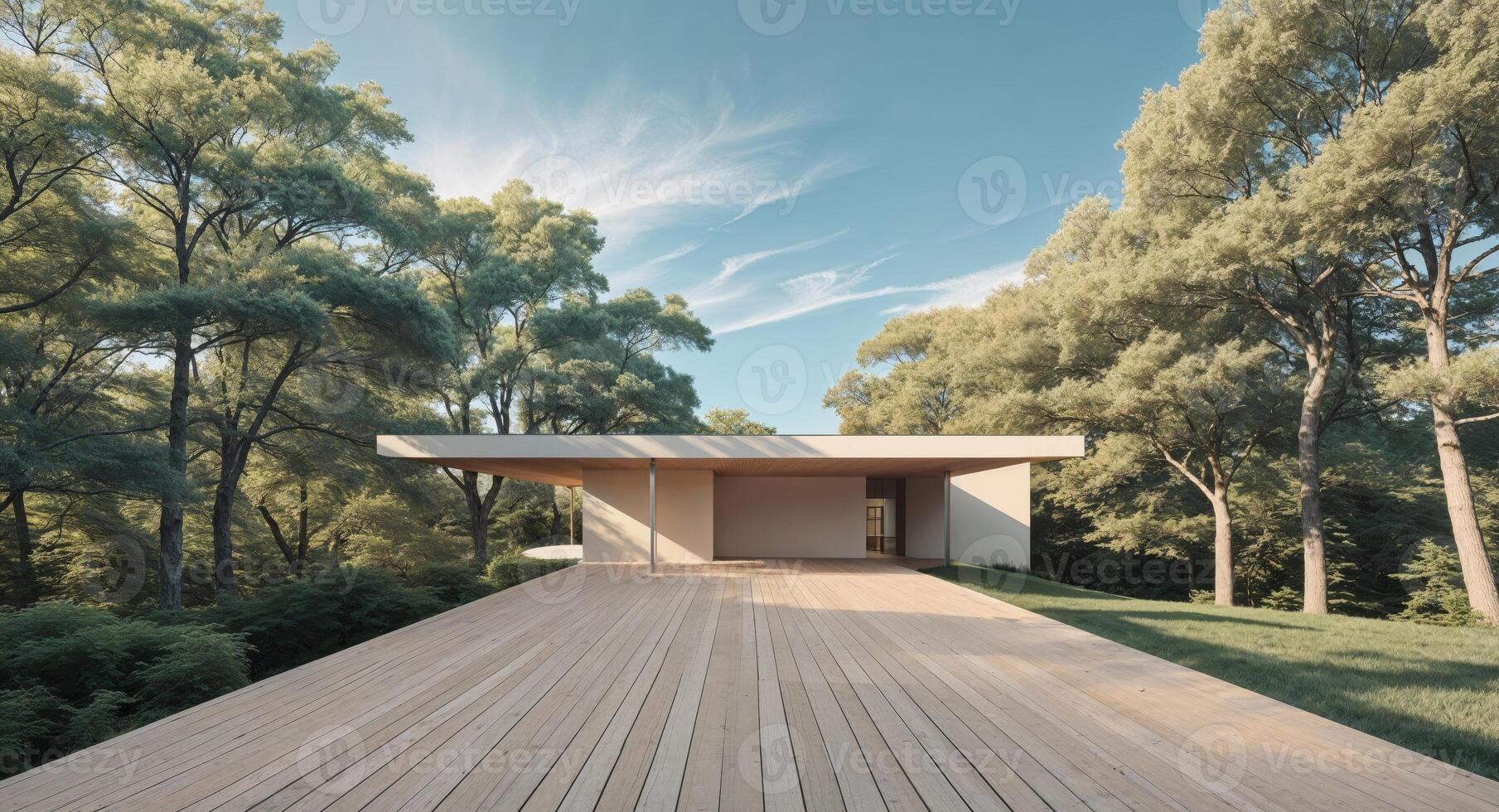 Modern house exterior with a wooden deck surrounded by trees photo