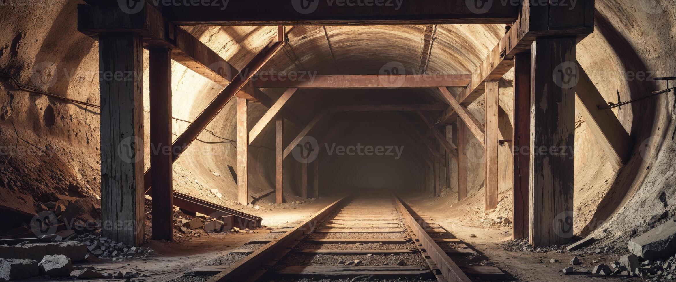Abandoned underground mine tunnel with wooden supports and rubble. photo