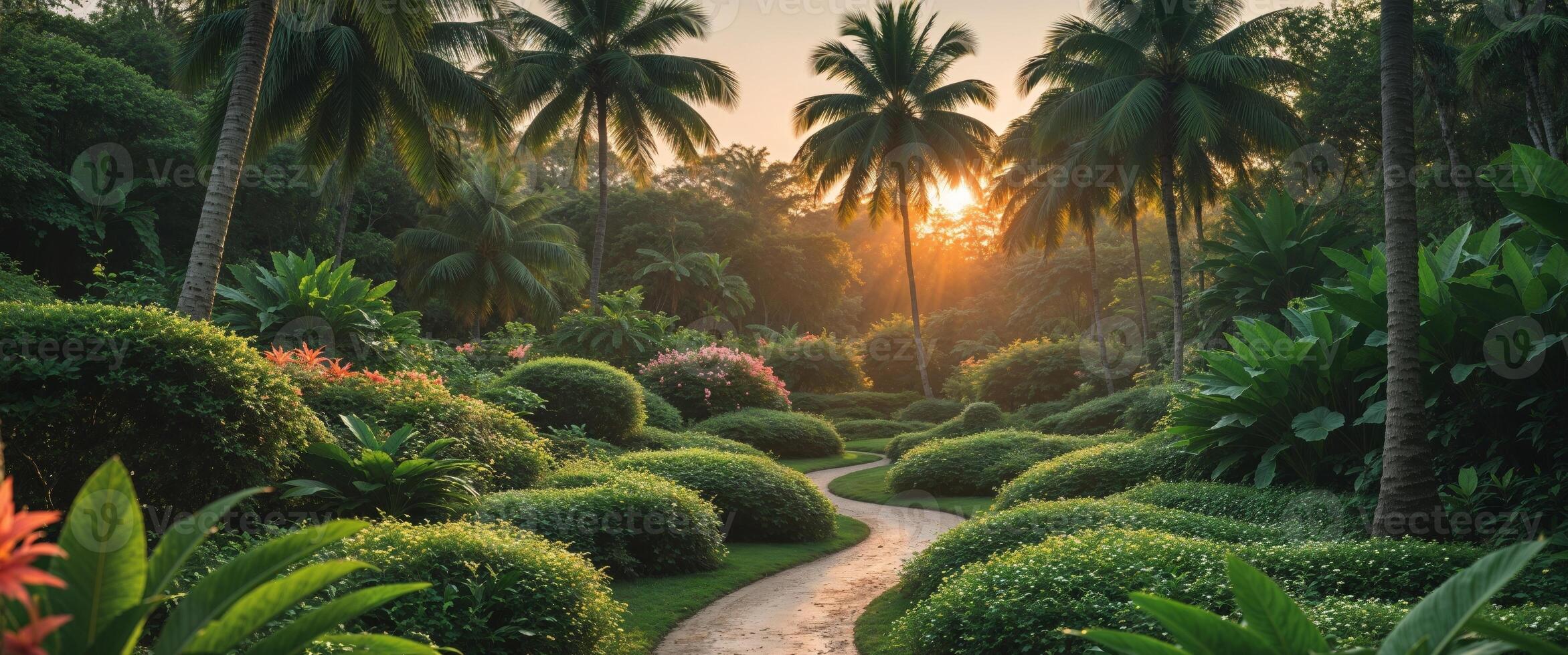 Serene garden path winding through lush greenery at sunrise in a tropical paradise. photo